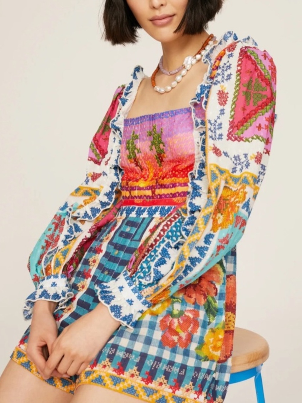 FARM Rio Summer Vibe Romper Size XS Long Sleeve Boho Printed Multi Color